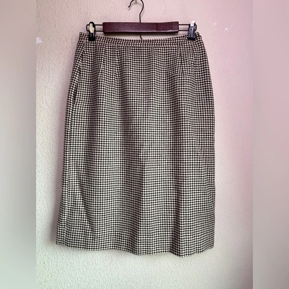 Vintage Valentino Brown Cream Houndstooth Skirt & Bomber Sweater Set 46 M L